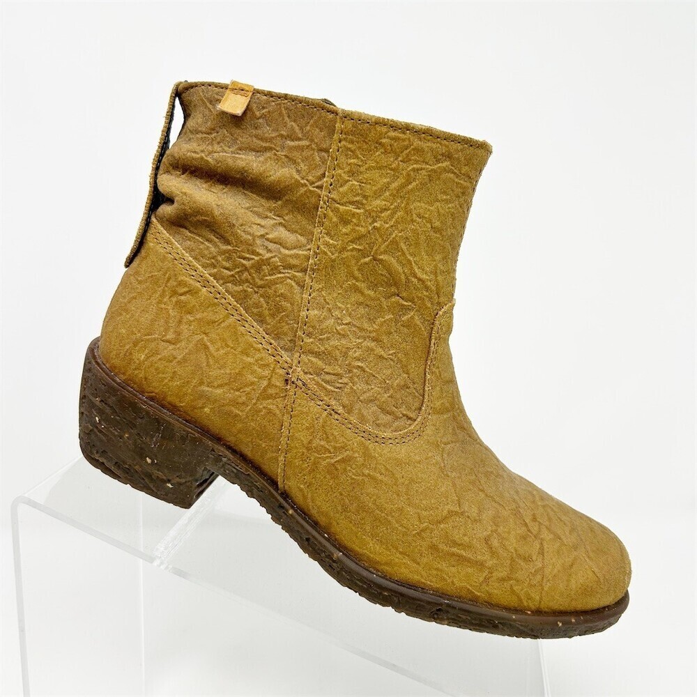 El Naturalista Tan Yellow Textured Leather Heeled Ankle Booties Size 37 Fall EUC